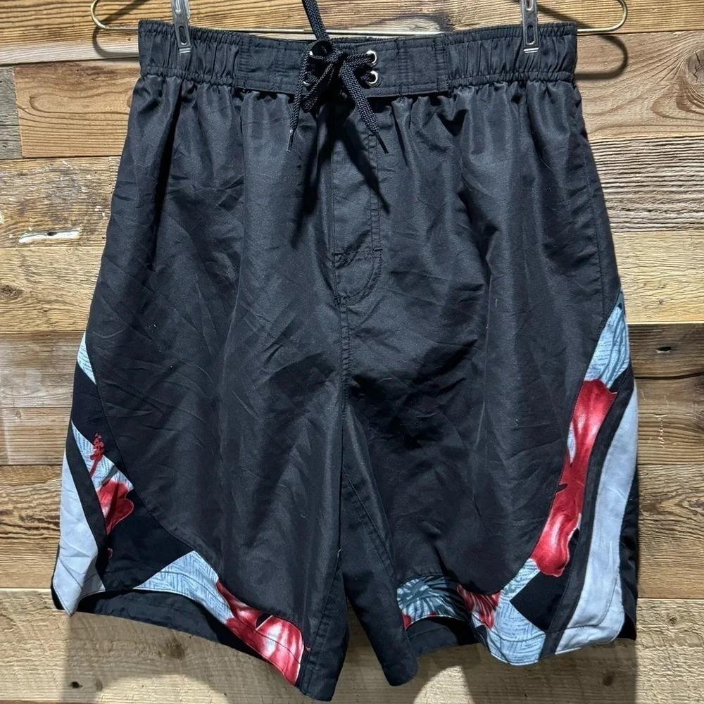 Vintage Pierre Cardin board Shorts black red gray floral logo classic euro prep